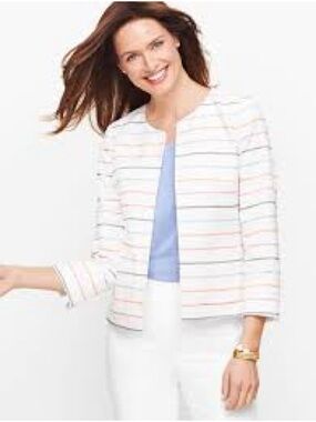 Talbots White Open-Front Jacket with Pastel Stripes